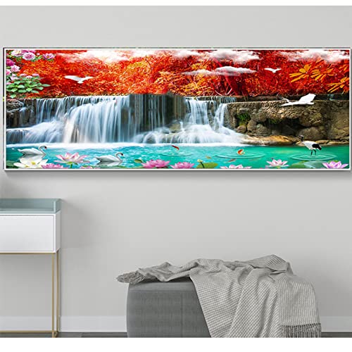 Schöner Fisch Koi Swan Wasserfall Bild auf Leinwand, Natur, Poster und Landschaftsdrucke, moderne Bilder, Panoramabild, Druck auf Leinwand, abstrakte Kunst Malerei 80 x 240 cm (32x94in) ohne Rahmen von JZSDGB