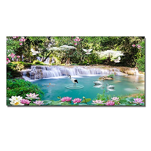 Wunderschöner Swan Lotus Wasserfall Bild auf Leinwand, Natur Poster und Landschaftsdrucke, moderne Bilder, Panoramabild Druck auf Leinwand, abstrakte Kunst Malerei für die Dekoration 40 x 80 cm (16 x von JZSDGB