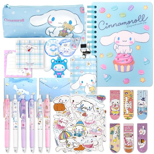 Jachneon Cinnamoroll Schulbedarf, Kawaii Cinnamoroll Schulbedarf, Geschenkset, inklusive Zimtrolle, Notizbuch, Bleistift, Cae Kugelschreiber, Radiergummi, Ausweishalter, Aufkleber, Schlüsselanhänger von Jachneon