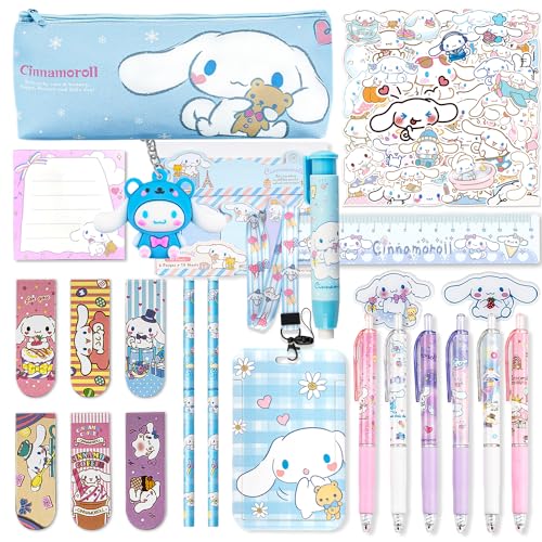 Jachneon Cinnamoroll Schulbedarf-Set, niedliches Cinnamoroll Schulbedarf, Geschenkset, inklusive Federmäppchen, Kugelschreiber, Radiergummi, Lineal, Ausweishalter, Aufkleber, Schlüsselanhänger, von Jachneon