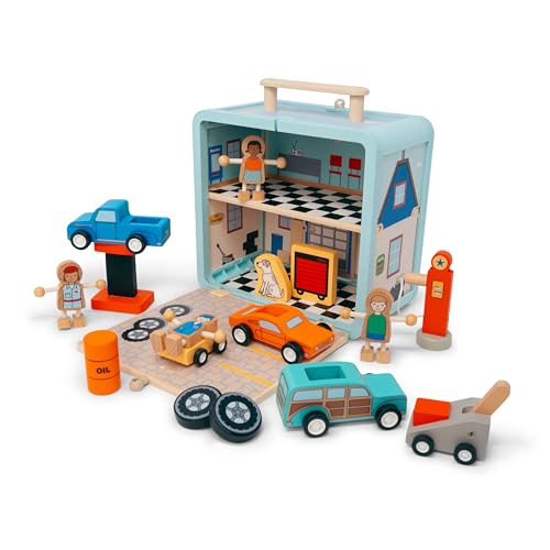 Jack Rabbit Creations Auto Garage Koffer Spielset 16 umweltfreundliche Holzfiguren - Reisespielzeug - Enthält Mechaniker, Autos, Aufzüge, Gaspumpe, Öl, Aufzüge und Reifen - Jungen und Mädchen ab 3 von Jack Rabbit Creations