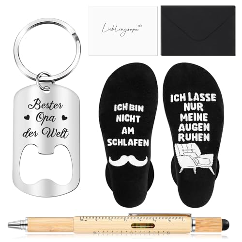 Jadive 5 Stück Geschenke Set für Opa, Multifunktions Kugelschreiber, Schlüsselanhänger Bester Opa der Welt, Opa Lustige Socken Lieblingsopa, Grußkarte mit Umschlag für Papa Geburtstag Weihnachtstag von Jadive