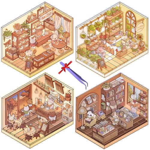 4 Sets DIY 3D House Stickers + 1Pcs Tweezer, Fun DIY Stickers Scene, Machen Sie Ihren eigenen Blumenzimmer, Café, Buchhandlung， Bäckerei, 3D-Cartoon-Miniatur-Szenen-Aufkleber für Kinder, Stressabbau von Jadyon