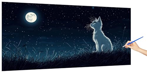 Malen Nach Zahlen Erwachsene Katze, Malen Nach Zahlen Mond Kinder Kleines Format, DIY Paint by Numbers Kreativ Set AnfäNger Inklusive Pinsel Acrylfarben Ohne Rahmen Zimmer Deko Geschenk 80x40cm U-7 von Jaeixouu