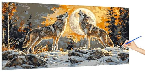 Malen Nach Zahlen Erwachsene Wolf, Malen Nach Zahlen Mond Kinder Kleines Format, DIY Paint by Numbers Kreativ Set AnfäNger Inklusive Pinsel Acrylfarben Ohne Rahmen Zimmer Deko Geschenk 100x50cm V-2 von Jaeixouu