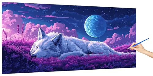 Malen Nach Zahlen Erwachsene Wolf, Malen Nach Zahlen Mond Kinder Kleines Format, DIY Paint by Numbers Kreativ Set AnfäNger Inklusive Pinsel und Acrylfarben Ohne Rahmen Zimmer Deko Geschenk 60x30cm I-6 von Jaeixouu