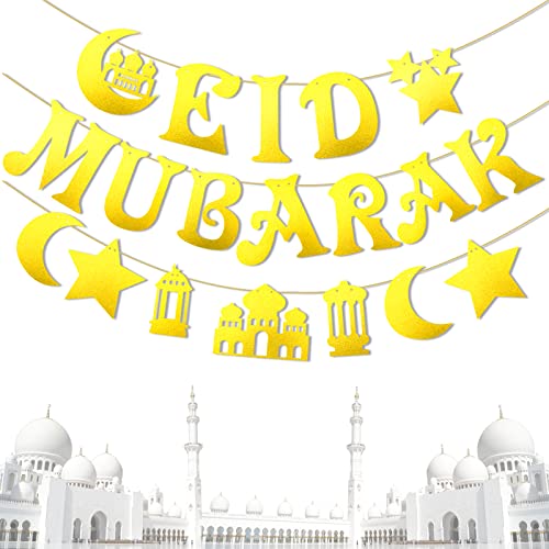 Eid Mubarak Dekoration,Eid Mubarak Ramadan Feier Dekoration zum Aufhängen Banner,Muslim Ramadan Party Gedruckt Zieh Flagge Mubarak Ammer Hängendes Banner für Haus Wand Tür Hof Hintergrund-Gold von Jaesy Lee