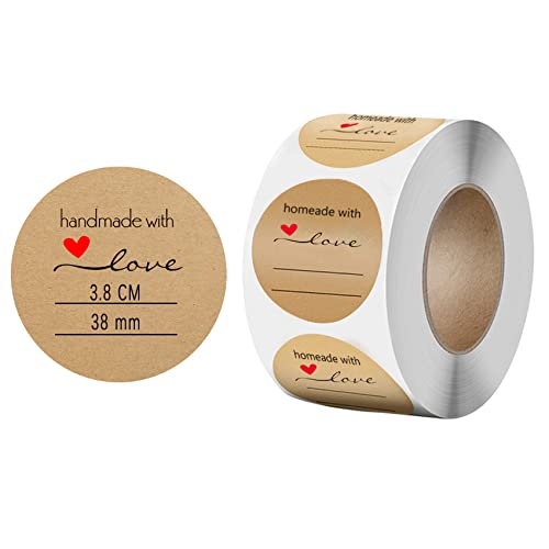 Jaimela 500 Stück Kraftpapier Aufklebe, Runder Aufkleber, Handgemachte Aufkleber Label, Selbstklebender Aufkleber für Backen Geschenktüten Karte Briefumschlag Hochzeit (Durchmesser 38mm) von Jaimela