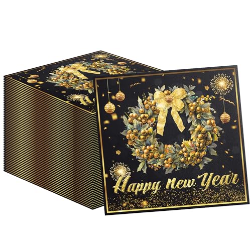 Einweg-Papierservietten, 16,5 x 16,5 cm, elegante Cocktail-Servietten für Weihnachten und Neujahr, Feiertage, Dinnerpartys, Schwarz und Gold, 200 Stück von Jajajuegos