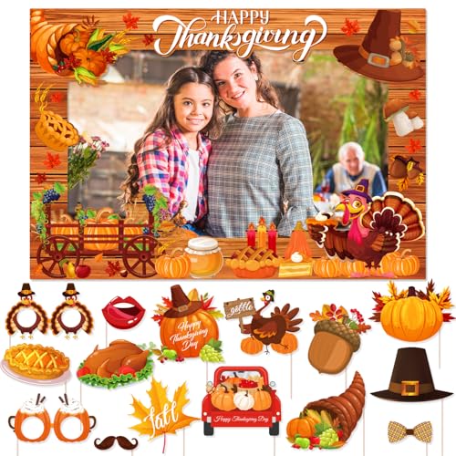 Thanksgiving Photo Booth Props Set - 1 Thanksgiving Kürbis Truthahn Rahmen & 15 Ahornblatt Requisiten für Thanksgiving Herbst Party Dekorationen von Jajajuegos