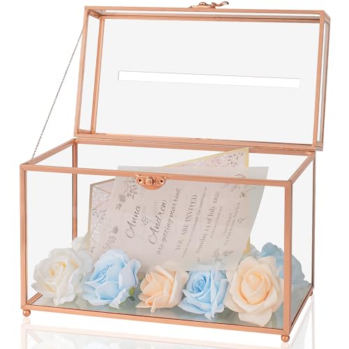 Jajamy Glas-Hochzeitskartenbox mit Schlitz, 25,9 cm große, transparente Kartenbox für Hochzeitsempfänge, Roségold, Geschenkkarten-Aufbewahrungsbox für Babyparty, Geburtstagsfeier, Brautdusche von Jajamy