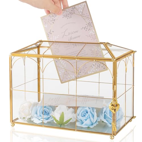 Jajamy Glas-Hochzeitskartenbox mit Schlitz, 25,9 cm große goldene Kartenbox für Hochzeitsempfang, transparente Geschenkkarten-Aufbewahrungsbox mit Schloss, perfekt für Hochzeit, Brautparty, Babyparty, von Jajamy