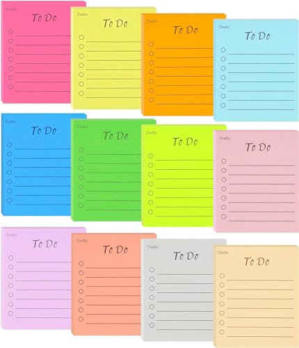 12 Blöcken To Do Liste, 9 X 7,6cm mehrfarbige Haftnotizen, Linierte Notizzettel Notizblock, 504 Blätter Klebezettel Sticky Notes Selbstklebend Tagesliste für Büro Zuhause Schule Zubehör (vertikal) von Jalach