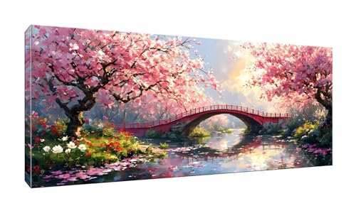 5D DIY Diamond Painting Kits Vollbohrer Groß 20x50cm, Cherry Blossoms Bridge Diamant Painting Kunst Bild Kit, Leinwand Kreuzstich Stickerei Nach Zahlen Painting Zubehör für Erwachsene Wohnkultur G-937 von Jalican