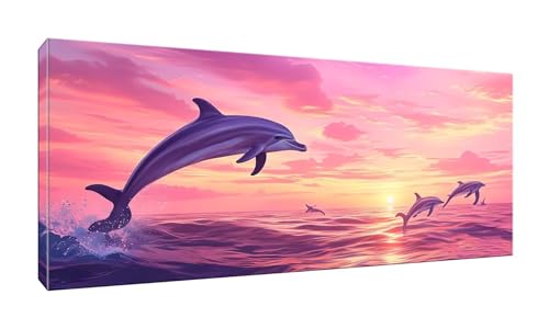 5D DIY Diamond Painting Kits Vollbohrer Groß 20x50cm, Sunset Dolphins Diamant Painting Kunst Bild Kit, Leinwand Kreuzstich Stickerei Nach Zahlen Painting Zubehör für Erwachsene/Wand/Wohnkultur G-673 von Jalican