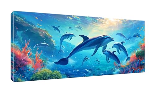 5D DIY Diamond Painting Kits Vollbohrer Groß 50x125cm, Ocean Dolphin Diamant Painting Kunst Bild Kit, Leinwand Kreuzstich Stickerei Nach Zahlen Painting Zubehör für Erwachsene/Wand/Wohnkultur G-283 von Jalican