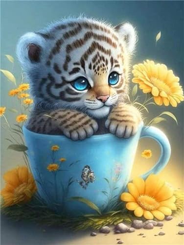 5D Diamond Painting Tiere Diamond Painting Diamant Painting Bilder Erwachsene Basteln Full Diamant Tasse Tiger Kinder DIY Stickerei Kreuzstich Set Diamond Painting zubehör, für Home Dekor 30x40cm R100 von Jalican