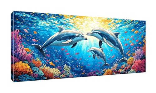 Jalican 5D DIY Diamond Painting Kits Vollbohrer Groß 20x50cm, Delphin Diamant Painting Kunst Bild Kit, Leinwand Kreuzstich Stickerei Nach Zahlen Painting Zubehör für Erwachsene/Wand/Wohnkultur G-280 von Jalican