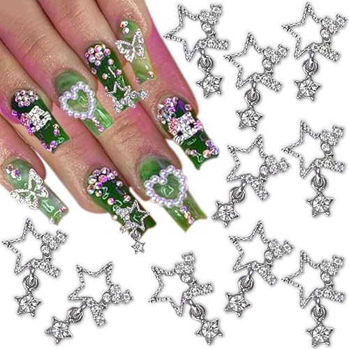 10 Stück Legierung Stern Nagel Charms 3D Star Nail Charms Metall Sterne Nailart Anhänger Strasssteine für Nägel Diamanten Glitzersteine Nagelschmuck Nagel Kunst Dekoration Nageldesign Strass (Silber) von Jaliya