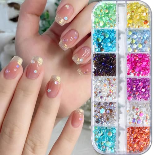 1000pcs Aurora Meerjungfrau Perlen Set, 12 Grid/Box 3D Bubble Beads Nail Charms Nail Gems Kristalle Perlenset Edelstein Perlen Nagel Charms Nägel Zubehör Strasssteine Edelsteine Rhinestones for Nails von Jaliya