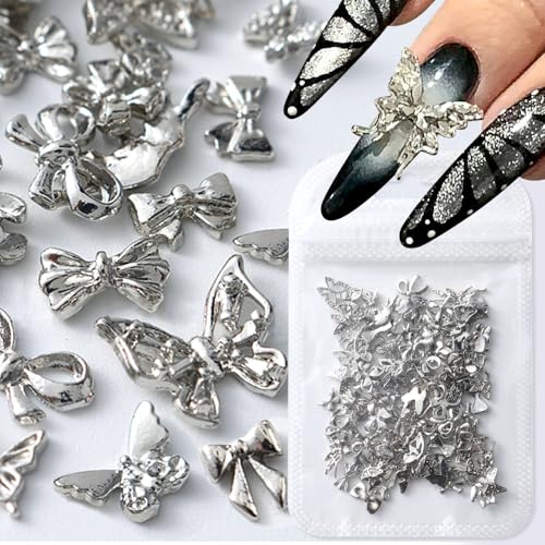 100pcs Silber Schmetterling Nagel Charms Butterfly Nail Art Charms Bow Nail Charms Y2k Accessoires Nageldesign Zubehör Schmetterlinge Deko Nailart Strasssteine Nägel Glitzersteine Bogen Nagelanhänger von Jaliya