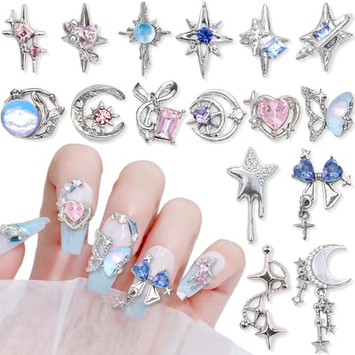 16 Stile Luxus Mond Stern Nagel Charms 3D Nail Charms Y2k Legierung Strasssteine Bogen Schmetterling Nagel Schmuck Metall Nail Art Charms Nägel Glitzersteine Nailart Rhinestones Nageldesign Zubehör von Jaliya