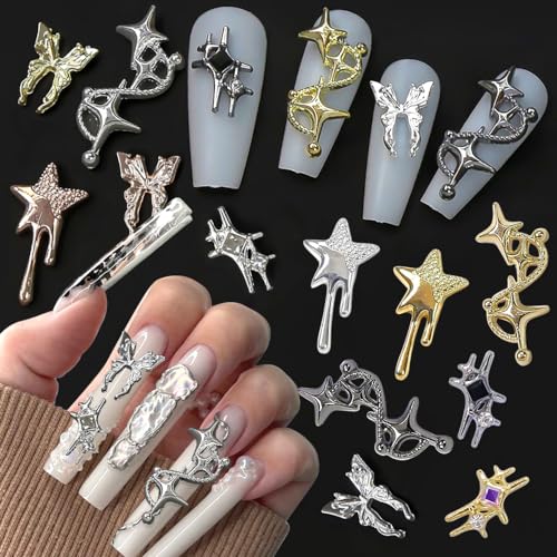 24pcs 3D Nail Charms Y2k Rose Gold Silber Star Nail Art Charms Nägel Schmuck Metall Schmetterling Nagel Charms Sterne Nailart Anhänger Punk Nagelschmuck Strasssteine Glitzersteine Nageldesign Zubehör von Jaliya