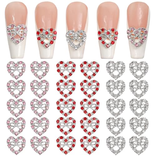 3D Bow Heart Nail Charms Bogen Herz Nägel Charms Rot Rosa Silber Strasssteine Nail Art Charms Nägel Zubehör Nagelanhänger Metall Nagelschmuck Nageldesign Heart Charms for Nails Design Nailart Charm von Jaliya