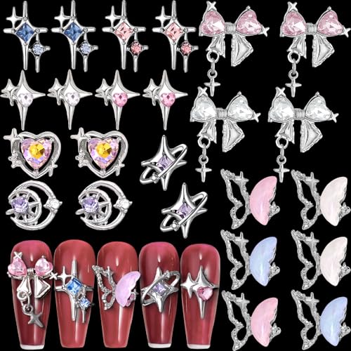 3D Nail Charms Y2k Accessoires Luxus Stern Nagel Charms Nägel Zubehör Schmetterling Nail Art Charms Anhänger Silber Legierung Mond Herz Nageldesign Glitzersteine Strasssteine Nägel Charms Nagelschmuck von Jaliya