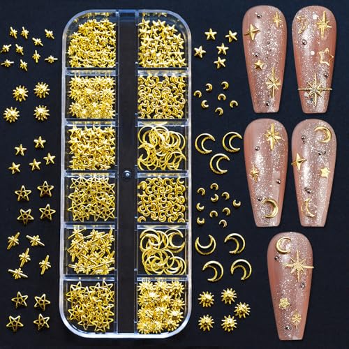 3D Sonne Mond Sterne Nagel Charms, 12grids/box Star Nail Charms Gold Stern Nailart Charm Metall Nieten Nageldesign Strasssteine Charms Nägel Zubehör Legierung Nail Studs Sun Moon Stars Nail Art Charms von Jaliya