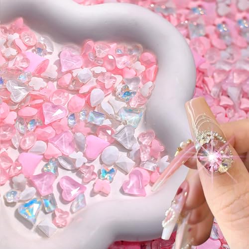 50pcs Eis Transluzent Rosa Strasssteine für Nägel Kristall Diamant Glitzersteine Nail Art Dekosteine Geometrie Herz Blume Nagelsteine Nail Charms Kristalle Nageldesign Glitzer Steine Nail Rhinestones von Jaliya