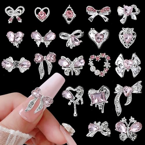 Luxus Rosa Diamant Nagel Charms 3D Butterfly Nail Art Charms Bow Nail Charms Y2k Heart Charms Nägel Zubehör Schmetterling Herz Schleife Nageldesign Edelsteine Strasssteine Glitzersteine Nagelschmuck von Jaliya