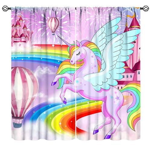 JanJCurt Einhorn-Vorhänge für Mädchen, rosa Prinzessin, magisches Schloss, Regenbogen-Heißluftballon, Fantasie-Märchen, violettes Feuerwerk, Druck, Fenstervorhänge für Kinderzimmer, Wohnzimmer, 106,7 von JanJCurt