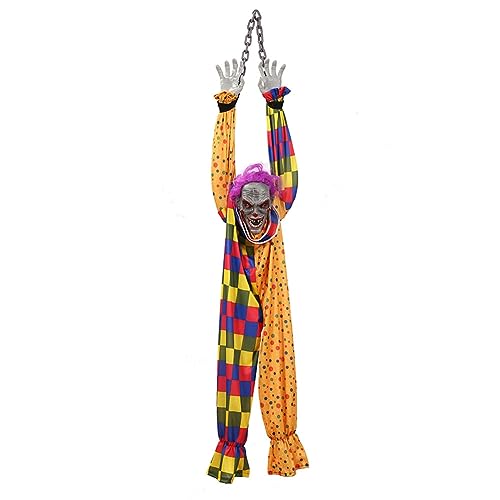 Janasiba Hängender Clown Aus Kunststoff für Halloween, 1,6 M, Animierter Sprechender und Schüttelnder Gruseliger Clown mit Kette, Berührungsaktiviert für Halloween-Dekoration von Janasiba