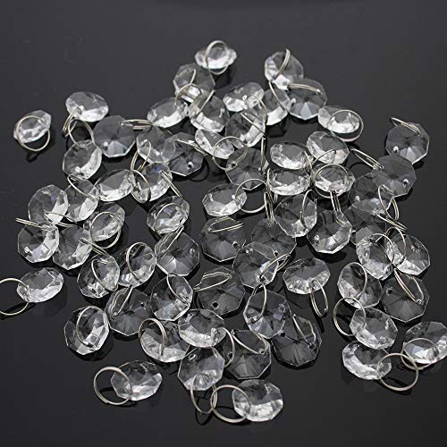 JaneYi 100 Stück 14mm klares Kristallglas Achteckig Perlen und 11mm Edelstahl Ringe mit 6 Stück Mini Haken für DIY Kristallglas Perlen Vorhang Kronleuchter Fenster Baum Hochzeit Feier Hotel Dekor von JaneYi