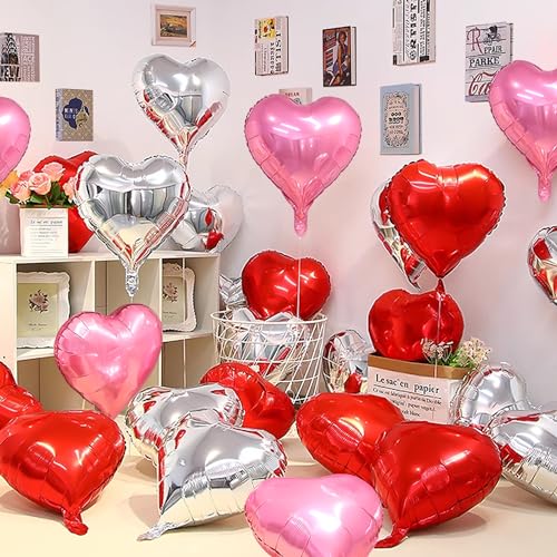 Jangostor 60 Stück Herz-Form-Folien-Ballone, 25cm Rot & Rosa & Silber Herz Folien Ballone Mylar Herz geformte Ballone Herz Ballone Aluminiumfolie Ballone für Valentinstag Geburtstag Verlobung Hochzeit von Jangostor