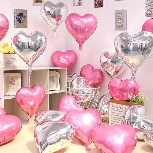 Jangostor 60 Stück Herz-Form-Folien-Ballone, 25 cm Rosa & Silber Herz Folien Ballone Mylar Herz geformte Ballone Herz Ballone Aluminiumfolie Ballone für Valentinstag Geburtstag Verlobung Hochzeit von Jangostor