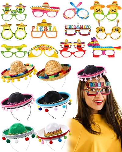 Janinka 18 Stück Cinco De Mayo Fiesta Partyzubehör Strohstoff Sombrero Stirnband Hut Papier Brille mexikanische Dekoration (stilvoll) von Janinka