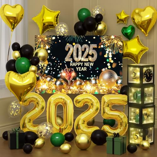 2025 Novel Happy New Year Even Party Decorations Set with Happy New Year Backdrop, Black and Gold Confetti Balloons, Clear Balloon Box, Gold Party Confetti Pack & Heart Star 2025 Number Foil Balloons von Janinus