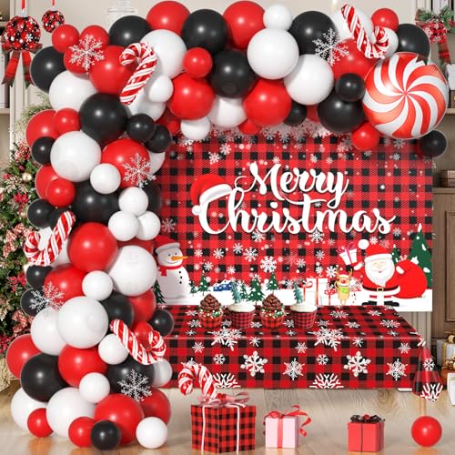 Buffalo Plaid Weihnachtsballons Girlande Bogen Kit mit Frohe Weihnachten Hintergrund Schneeflocke Tischdecke Rot Weiß Schwarz Luftballons Xmas Decor Cane Folienballons für Weihnachten Babyparty von Janinus