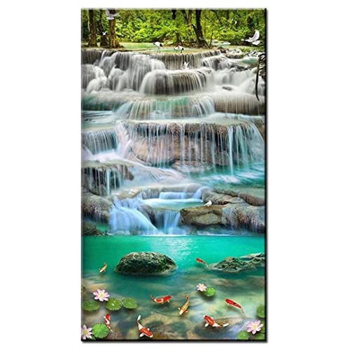 Janktie Diamond Painting Wasserfall Koi Set, Kristall Perlen Malerei Kit, Szenerie Karpfen in einem Wasserfall, 40x80cm, Traditionell, DIY-Kunst-Kit, für Erwachsene, nicht faltbar von Janktie