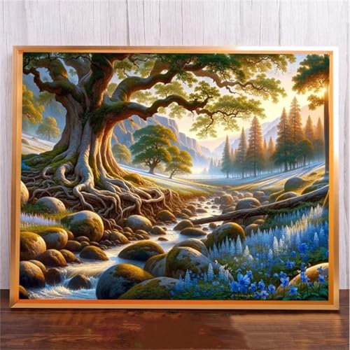 Baum Bach Landschaft DIY 5D Diamond Painting,Diamant Malerei für Haus Dekoration,Wohnzimmer Schlafzimmer Büro Eingang Dekoratio,Diamond Painting Set für Erwachsene und Kinder-Round Drill,50x80cm von Januave