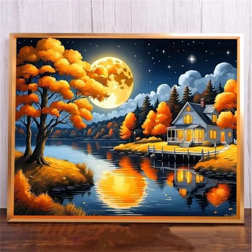 Gelbe Mond Reflexion DIY 5D Diamond Painting,Diamant Malerei für Haus Dekoration,Wohnzimmer Schlafzimmer Büro Eingang Dekoratio,Diamond Painting Set für Erwachsene und Kinder-Round Drill,20x50cm von Januave