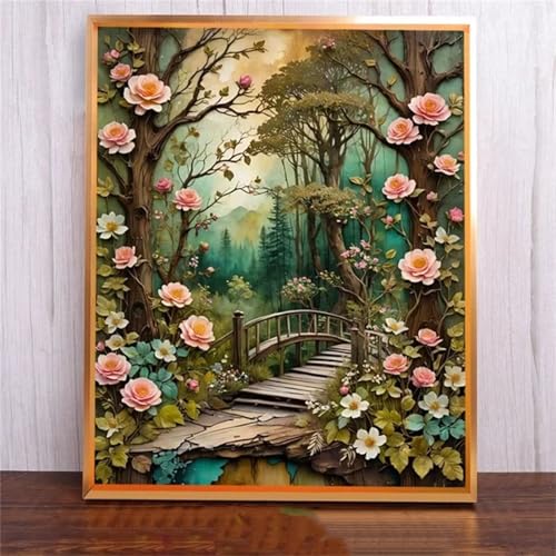 Januave Blumen BrüCke DIY 5D Diamond Painting,Diamant Malerei für Haus Dekoration,Wohnzimmer Schlafzimmer Büro Eingang Dekoratio,Diamond Painting Set für Erwachsene und Kinder-Round Drill,90x120cm von Januave