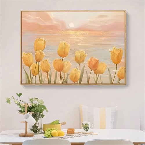 Januave Gelbe Tulpen Landschaft 5D Diamond Painting Set für Erwachsene,Round Drill Crystal Strass Stickerei Diamantkunst für Home Wand Decor 20x50cm von Januave