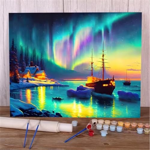 Januave Malen Nach Zahlen,Aurora Borealis Segelboot Paint by Numbers,DIY Framed DIY Handgemalt Ölgemälde Kit für Anfänger und Erwachsene Geschenke und Home Haus Deko 55x70cm von Januave