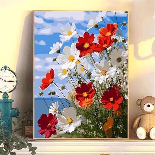 Januave Malen Nach Zahlen,Rote und weiße Blumen Paint by Numbers,DIY Framed DIY Handgemalt Ölgemälde Kit für Anfänger und Erwachsene Geschenke und Home Haus Deko 30x40cm von Januave