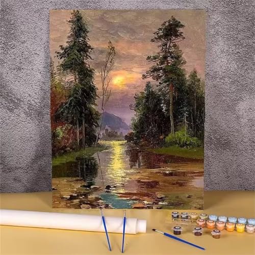 Januave Malen Nach Zahlen Erwachsene,Baum Fluss Landschaft DIY mit Pinseln und Acrylfarben Handgemalt Ölgemälde Leinwand Framed für Home Decor,45x60cm von Januave