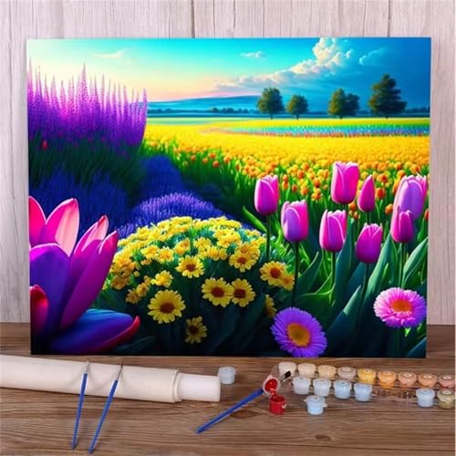 Januave Malen Nach Zahlen Erwachsene,Lila Blume DIY mit Pinseln und Acrylfarben Handgemalt Ölgemälde Leinwand Framed für Home Decor,45x60cm von Januave