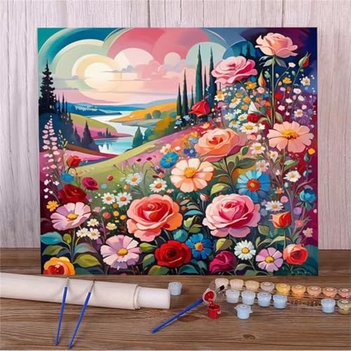 Januave Malen Nach Zahlen Erwachsene,Rosa Blumen DIY mit Pinseln und Acrylfarben Handgemalt Ölgemälde Leinwand Ohne Rahmen für Home Decor,45x60cm von Januave